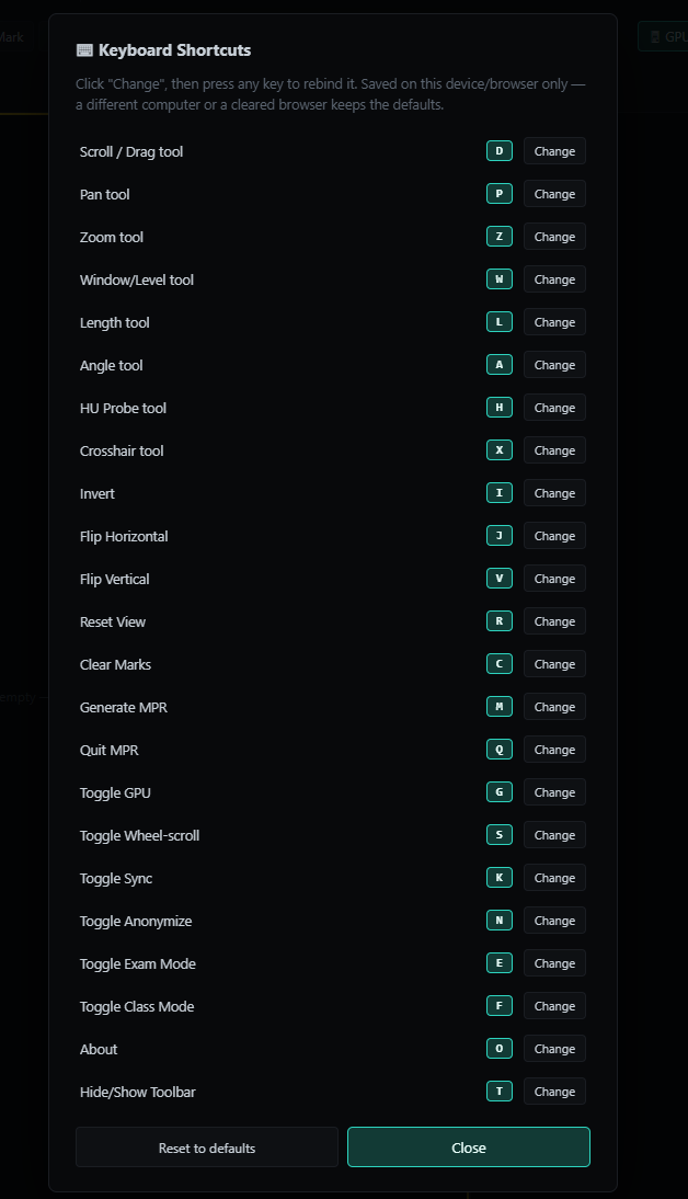 NoustaView's Keyboard Shortcuts panel, listing every tool and action with its current key and a Change button to rebind it
