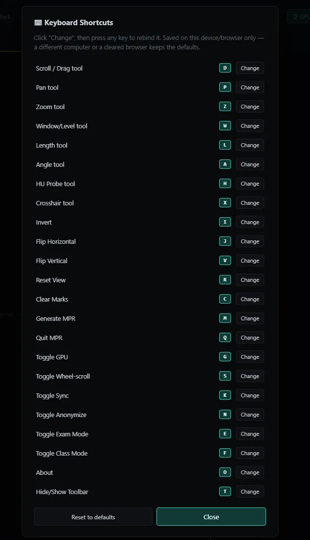 NoustaView's Keyboard Shortcuts panel, listing every tool and action with its current key and a Change button to rebind it