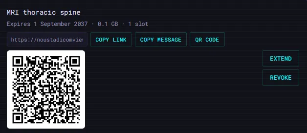 NoustaView's Donor Dashboard, showing a shared case's QR code, link, expiry, and controls to extend or revoke it