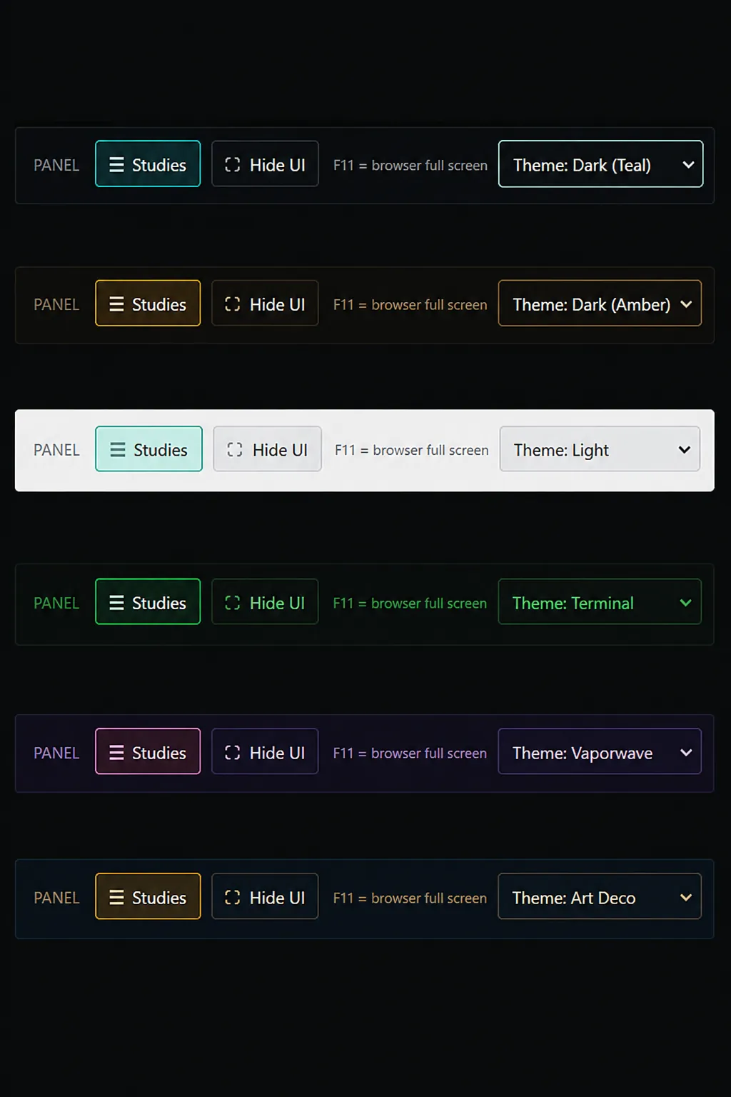NoustaView's toolbar shown in all six color themes stacked together — Dark Teal, Dark Amber, Light, Terminal, Vaporwave, and Art Deco